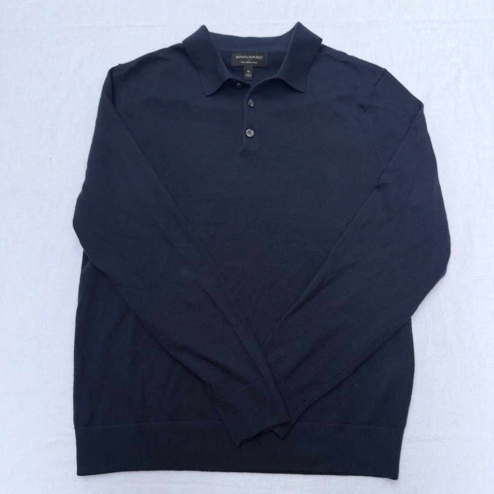 NWT Banana Republic 100% Merino Wool Henley Sweater Polo Size Medium Navy Blue